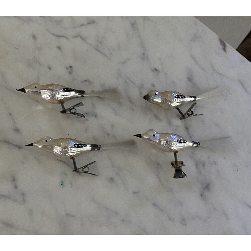 Vintage 1950's Mercury Glass Clip On BIRD ORNAMENT with Fiberglass Tail Set Of 4